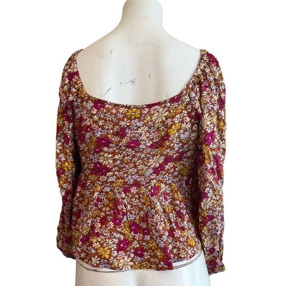 Patrons Of Peace Ladies XS Oversized Smocked Cropped Top Floral Keyhole Ties NWT - Picture 2 of 4